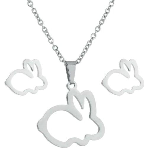 Female Hollow Rabbit Earrings Necklace Set Stainless Steel Animal Jewelry Set