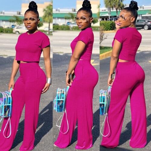 Women Short Sleeve O-neck Crop Top Wide Leg Pants 2 Piece Set For Women Casual Tops And Pants Two Pieces Sets Womens Suits