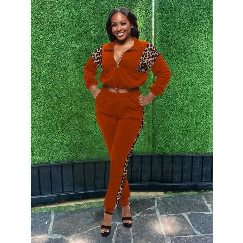 Leopard Print Womens Sets Zipper V Collar Long Sleeve Crop Top Women Two Piece Outfits 2021 Pants Sets Tracksuit Set Jogger