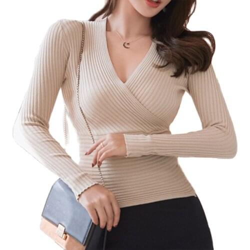 New Autumn Bodycon Knitted Sweaters Womens Sexy Low Cut Cross V Neck Pullover Bottoming Tops Casual Elastic Long Sleeve Jumpers