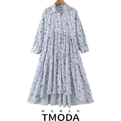 TMODA1744 2021 Autumn Za Women Tide Single-breasted Turn-down Collar High Waist Knee-length Sleeve Flower Printed Dress Female