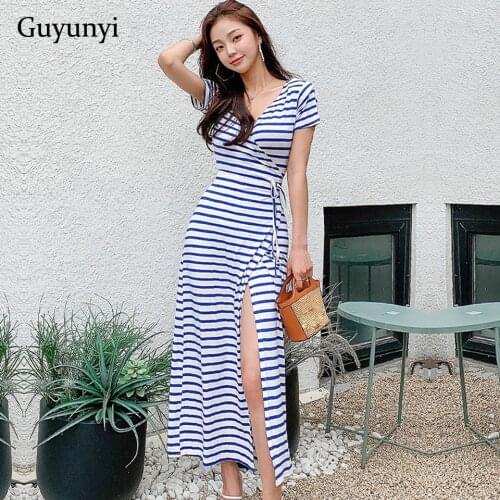 Blue Striped High Street Dress 2021 Summer Elegant Party Simple V-Neck Long Knitted High Waist Tether Adjustment Wrap Dress