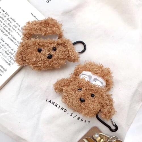 3D Cute Fluffy Teddy Dog Design Earphone Case for Airpods 1/2 Winter Plush Cartoon Animal Style Protective Cover for Airpods