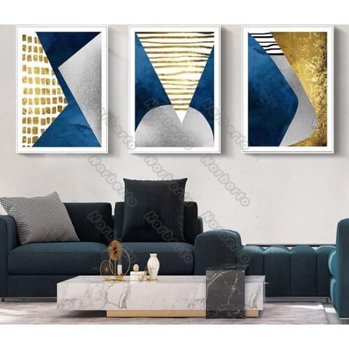 Modern Style Canvas Painting Wall Poster Abstract Geometric Patterns with Blue and Golden Colors for Home Rooms Wall Decoration