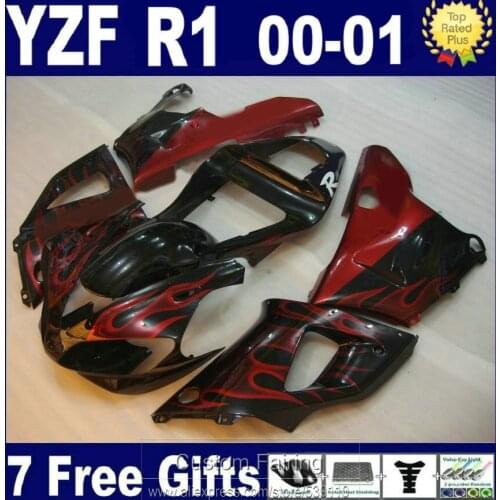 Free customize fairing kit for Yamaha YZFR1 00 01 red flames black fairings set YZF R1 2000 2001 LK44