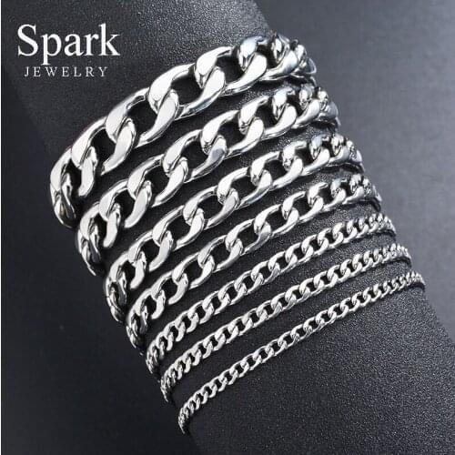 SPARK Men 1.0-3.5mm Stainless Steel Chain Bracelets Hiphop Steel Color Curb Cuban Link Bracelets Male For Party Jewelry Gift