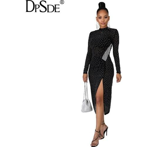 DPSDE Black The Dot Fashion Bandage Dress For Women Full Sleeve O Neck Casual Bodycon Dress Open Fork Autumn New 2020 Long Dress