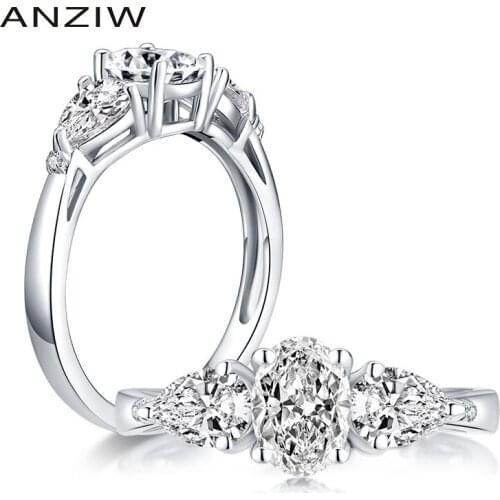 ANZIW 925 Sterling Silver 0.75 Carat Oval Cut Engagement Ring 3-Stone Ring Simulated Diamond Wedding Silver Ring Jewelry