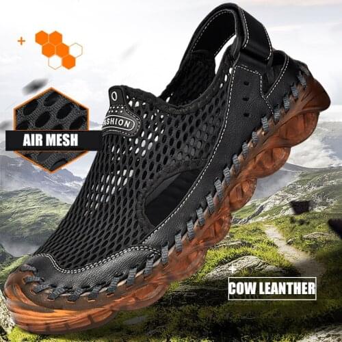 High Quality Upstream Aqua Shoes Men Breathable Air Mesh Fishing Shoes Non Slip Hiking Climbing Shoes Cow Leather Sneakers