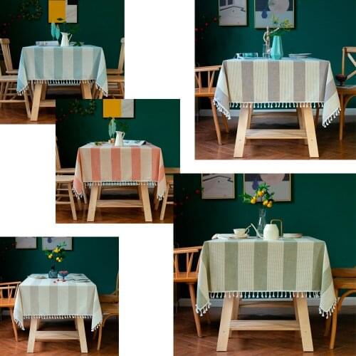 Hot sale Stripe Designs Solid Decorative Linen Tablecloth With Tassels Rectangular Wedding Dining Table Cover Tea Table Cloth