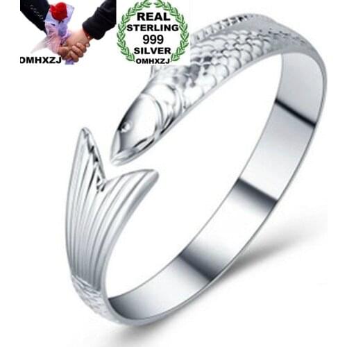 OMHXZJ Wholesale European Fashion Woman Man Party Wedding Gift Fish Open S999 Sterling Silver Cuff Bangle BA47