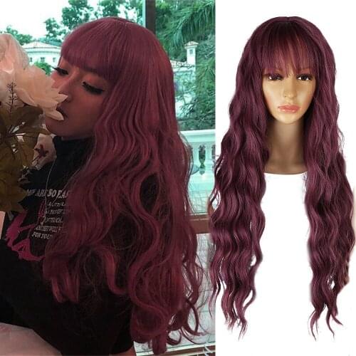 Long Wavy Wigs for Black Women African American Synthetic Pink Hair Purple Wigs with Bangs Heat Resistant Cosplay Wig