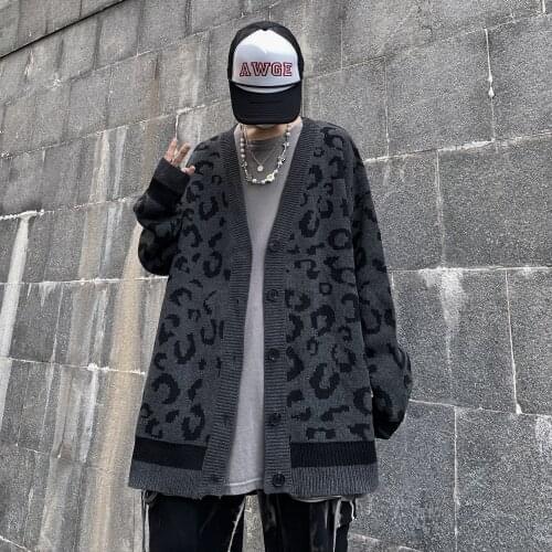 Leopard Sweater Knitted Cardigan Jacket Women Fall Winter Loose Tops Coat Street Style Casual Outerwear Female Sweaters Clothing