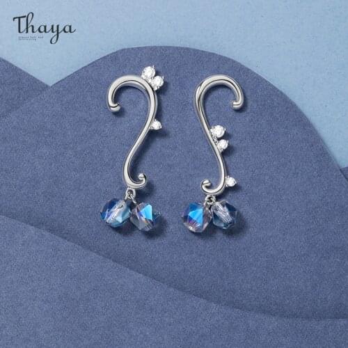 Thaya Women Fruits Earring Silver Colorful Blue Crystal Carved Earring Curve Earring Zircon Chain Earring Unusual Jewelry