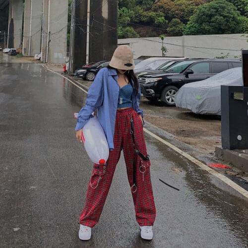 High Waist Plaid Pants Heavy Industry with Chain High Street Cargo Pants Women 2020 Korean Style Harajuku Wide Leg Pants