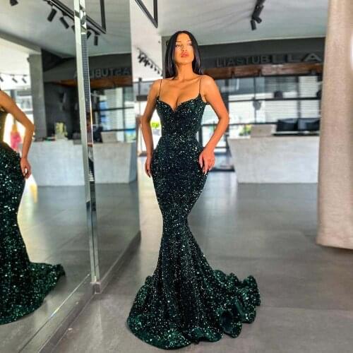 YQLNNE Sexy Emerald Green Sequins Sleeveless Evening Dresses Straps Mermaid Formal Women Party Gown