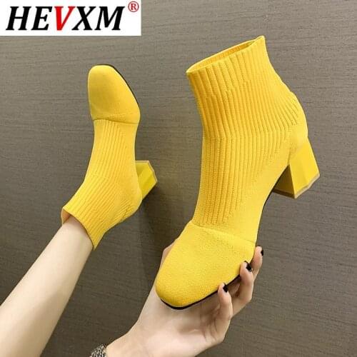 2021 Autumn New Fashion Women Boots Square Toe Elastic Ankle Boots women Thick Heel Shoes Female black Boots boots feminina