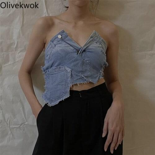 Olivekwok 2021 Woman Fashion Denim Tanks Sleeveless Sexy Slash Neck Patchwork Streetwear Casual Summer Woman Tops