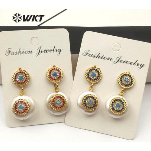WT-ME070 WKT Natural Pearl & Cubic Zirconia Round Shape Earrings Blue Pink Green Color CZ Women Fashion Pearl Earrings Jewelry