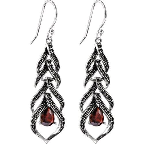 925 Sterling Silver color Feather Garnet Earrings For Women Natural Gemstone Vintage Elegance Drop Earring Ladies Fine Jewellery