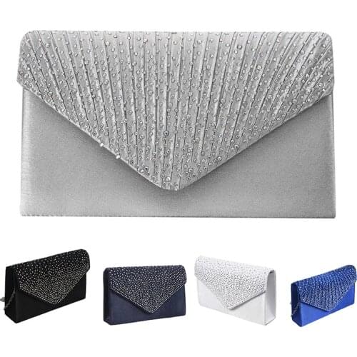 Womens Silk face Diamond Clutches Shoulder Bag Evening Bridal Prom Satchel Chain Handbag(Navy blue)