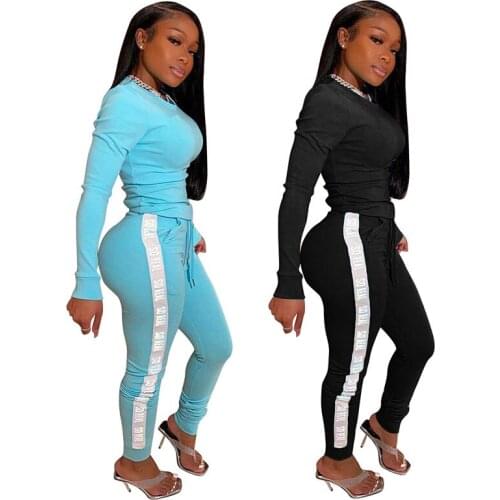 Solid Color Reflect Light Letter Print Long Sleeve Tops Trousers Women Sports Suit 2020 Autumn and Winter Casual Two Piece Set