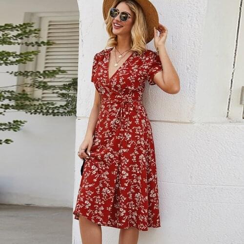 Womens Summer Dress 2021 New Girl V-neck A-line Short Sleeve Chiffon Long Floral Party Beach Red Dress Femme Robe Clothing