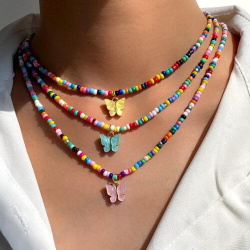 Bohemia Colorful Butterfly Beaded Necklace For Women Handmade Acrylic Rice Bead Strand Pendant Necklaces Girl Party Jewelry Gift