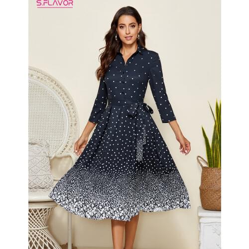 S.FLAVOR Single Button Star Printing Gradual Midi Dress Elegant 3/4 Sleeve Slim Retro A-line Vestidos Women Autumn Vestidos De