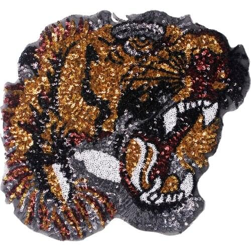 10piece Beaded Gold Sequin Tiger Head Lace Applique Iron on Patches Lace Embroidery Fabric Patches Embossed Clothes Craft TH417