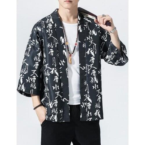 #4336 Mens Kimono Shirt Chinese Style Printed Vintage Cardigan Casual Black White Mens Shirts Retro Plus Size 5XL Summer 2020