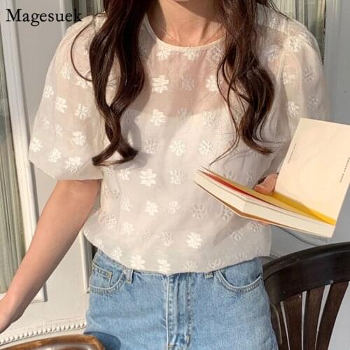 Fashion Elegant Embroidered Woman Blouses Summer Korean Chic Solid Top Female Puff Short Sleeve Loose Women Shirt 2 Pieces 14365