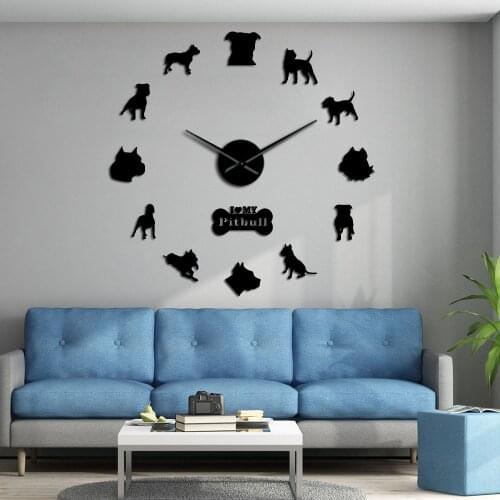 Pit Bull Large Wall Clock Dog Breed Pitties Home Deocr Self Adhesive DIY 3D Wall Clock Mirror Surface Pit Bull Dog Lover Gifts
