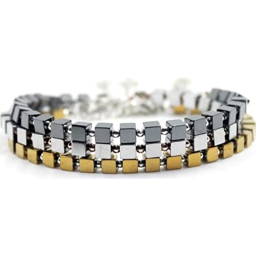 Gold/silver color/black Hematite Cube with Round Beads 4mm beaded Bracelet with Leaf Charm Resizable Bracelet for Men Women