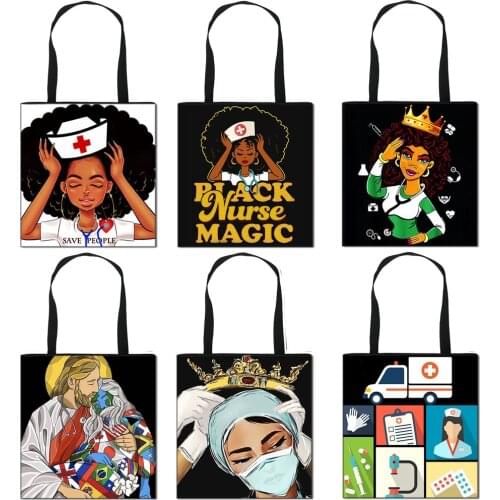Black Nurse with Crown Women Totes Afro Ladies Fashion Handbag American Africa Girls Canvas Shoulder Bag Cute Shopping Bags