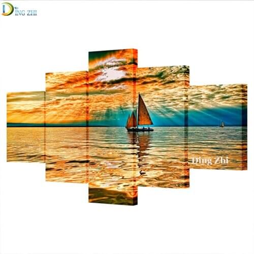 DIY 5D Diamond Painting 5 Panel Sunlight Natural Scenery Sailboat Full Drill Mosaic Cross Stitch Diamond Embroidery Sea View