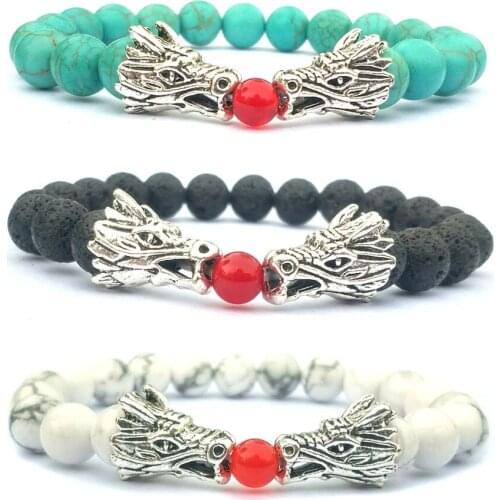 Double Dragaon Black Lava stone Howlite Friendship bracelets for women men