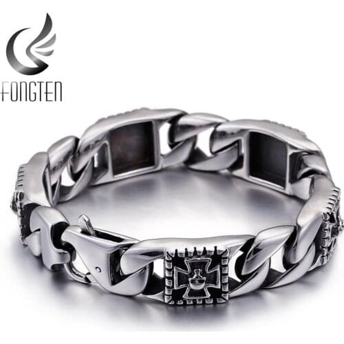 Fongten Skull Charm Curb Cuban Link Chain Bracelet Matte Polished 316L Stainless Steel Punk Men Fashion Jewelry Gift