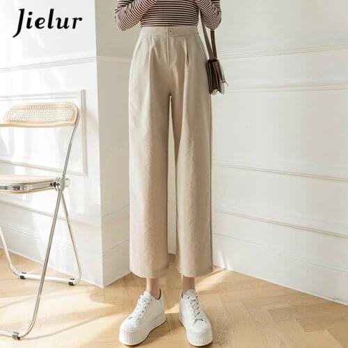 Jielur Fashion Cotton Linen Women Wide Leg Pants High Waist Pants Pure Color Pockets Black Khaki Trousers S-XXL Spring Summer