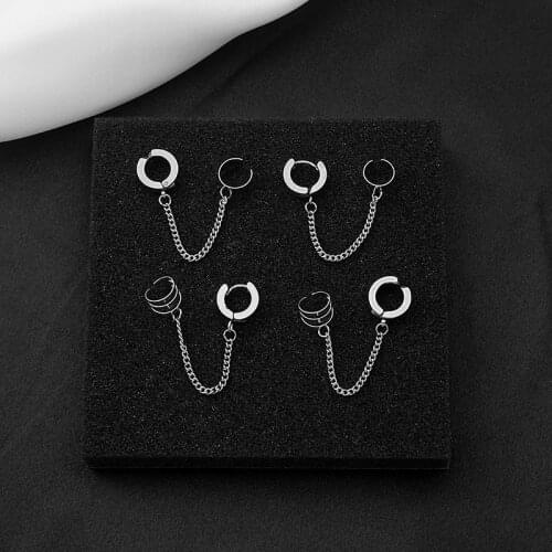 Rinhoo Titanium/Stainless Steel Men Ear Clips Chain Double Pierced Eardrop Clip Dangle Earrings Fashion Jewelry For Men Women