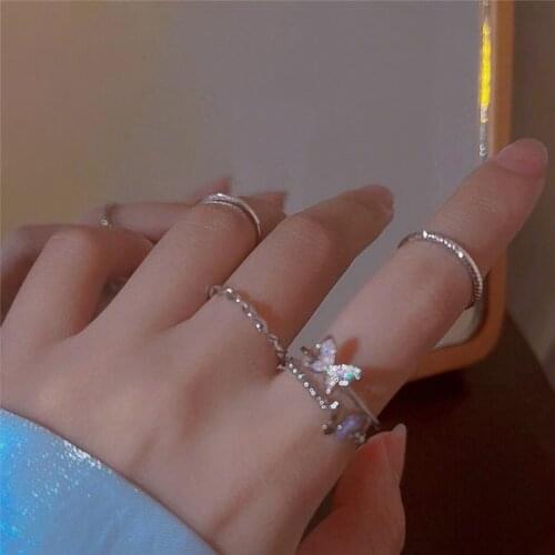 4pc 2021 New Trendy Butterfly Rings Set Silver Geometric Irregular Crystal Stone Clear Rhinestone Finger Jewelry Women Ring
