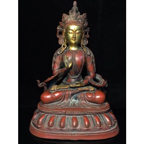 15"Tibet Temple Collection Old Bronze Gilt Real gold Green Tara Guanyin Bodhisattva Sitting Buddha Ornaments Town House
