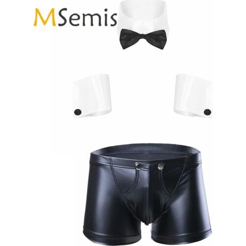 4Pcs Mens Lingerie Role Play Costume Collar Cuffs Faux Leather Shorts Set Clubwear Bulge Pouch Underwear with 2 Press Buttons