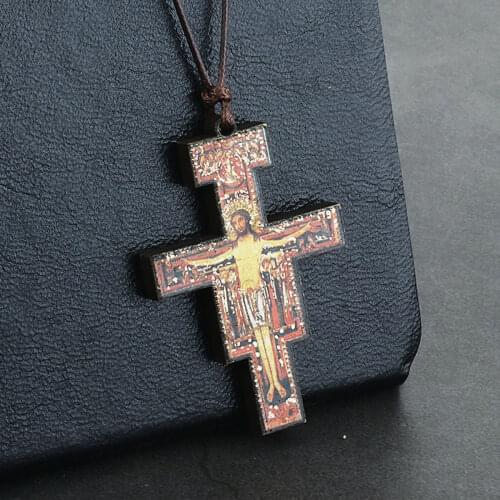 Leather Rope Chains Crucifix Pendant Necklaces Wood Orthodox Cross Necklace Prayer Religious Jewelry Jesus For Men Neckless ICXC