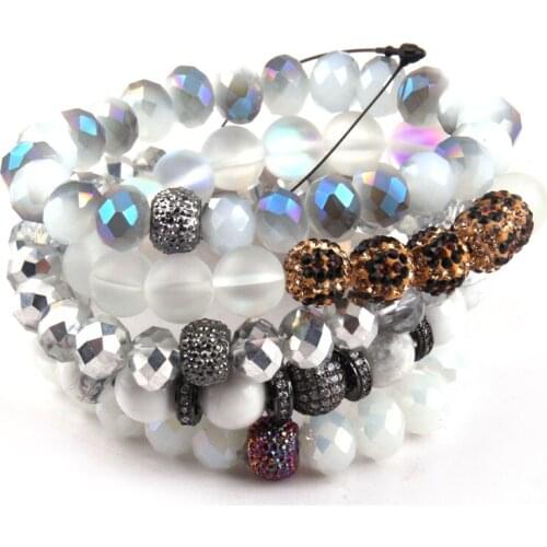 Fashion Jewelry Beautiful White Bracelet Set Natural Stone & Glass Crystal Pave Bracelets