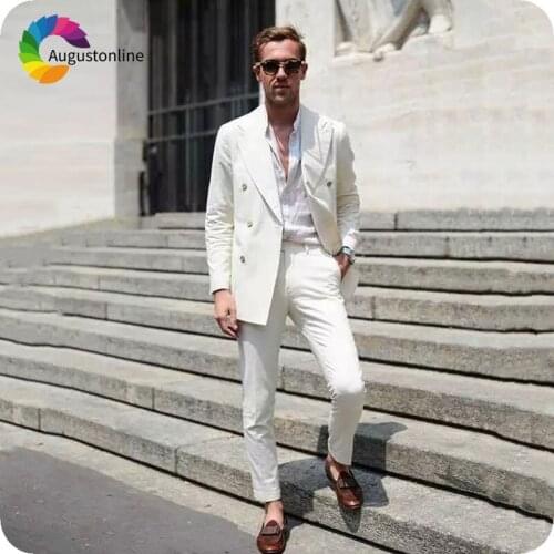 Custom Made Ivory Mens Classic Suits Peaked Lapel Casual Man Blazers Jacket Pants 2Piece Slim Fit Terno Masculino Costume Homme