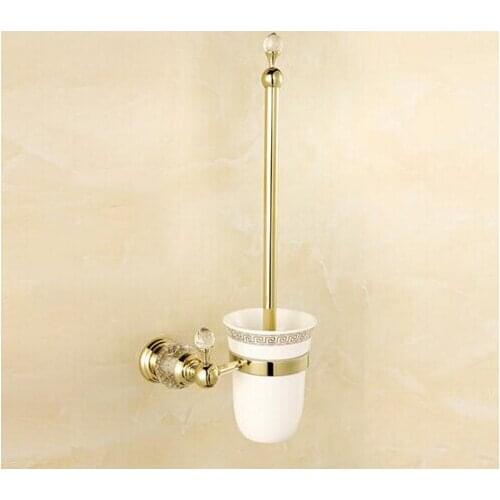 Wall Mounted Brass & Crystal Toilet Brush Holder+ Ceramic Cup + White Brush ,golden Bathroom accessories