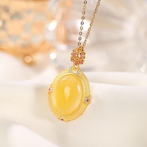 Natural 925sterling silver gilt gold inlaid amber wheat pattern retro temperament individuality gold necklace luxury jewelry