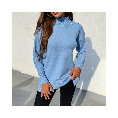 Autumn Fashion Women Pullovers Fall Long Loose Thick Half High Collar Fine Yarn Solid Buttons Pullovers Casual Women Sweater