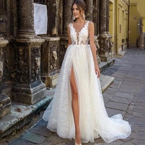 Princess Glitter Wedding Dresses Side Slit Sexy V Neck Appliques Lace Boho Bridal Dresses A-line Vestido De Novia Wedding Gowns